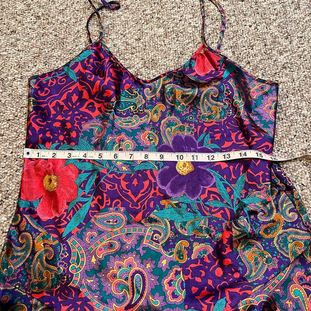 Vintage 80s/90s Colorful Silky Floral Spaghetti Strap BabyDoll Blouse - Picture 4 of 6